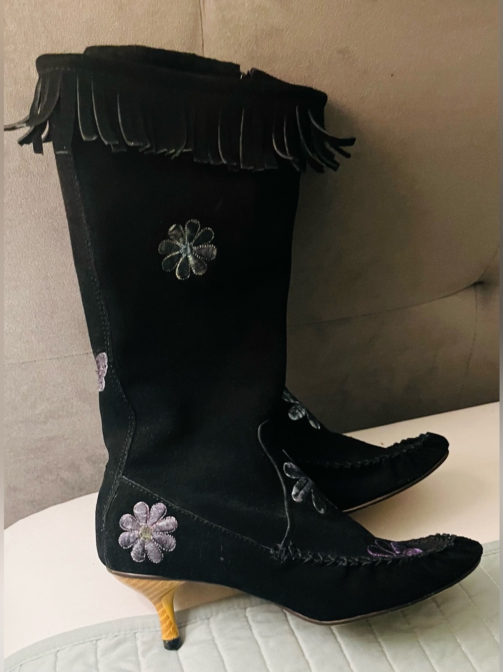 Black Suede zipper moccasin Mid-Calf Boots with kitten Heel & Floral Embroidery